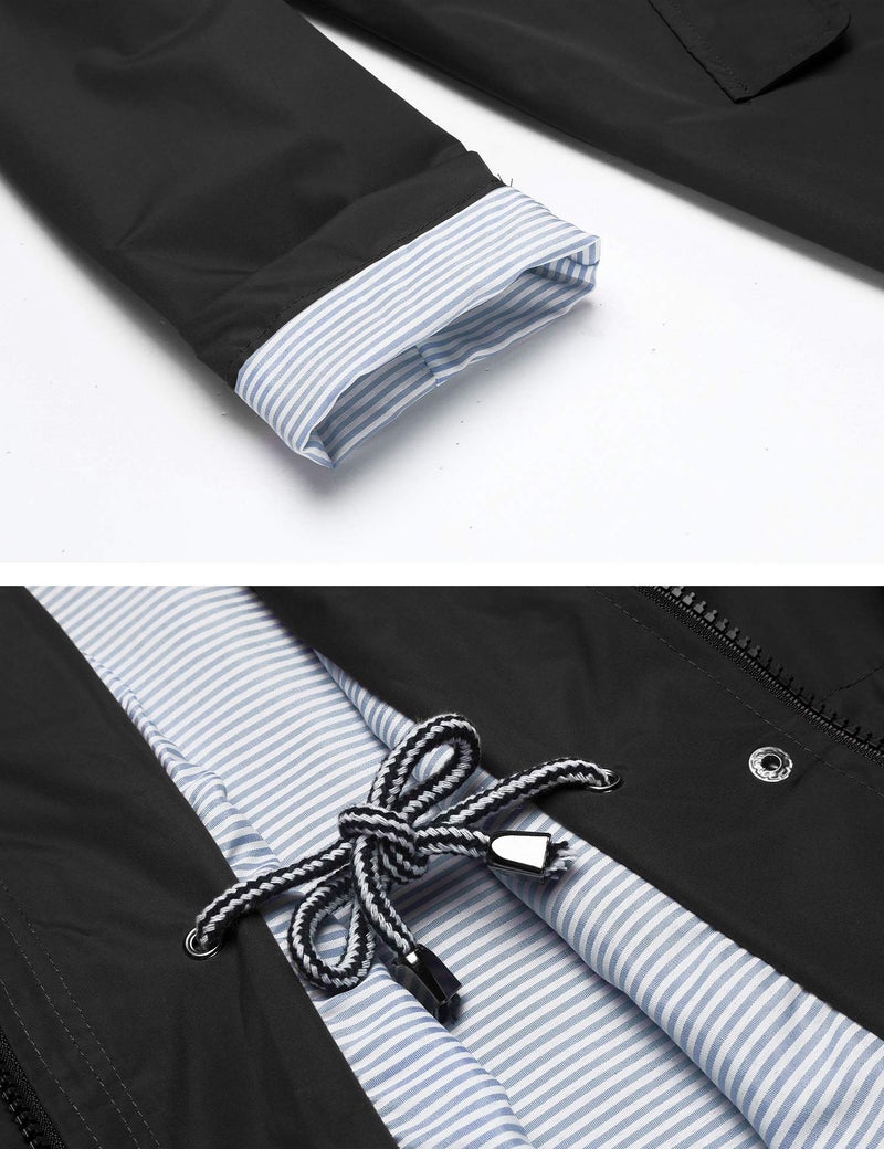 LOMON Women Rain Jacket Belted Adjustment Hooded Long Lightweight Packable Outerwear Waterproof Breathable Cotton Lined Raincoat Black M - Image 5
